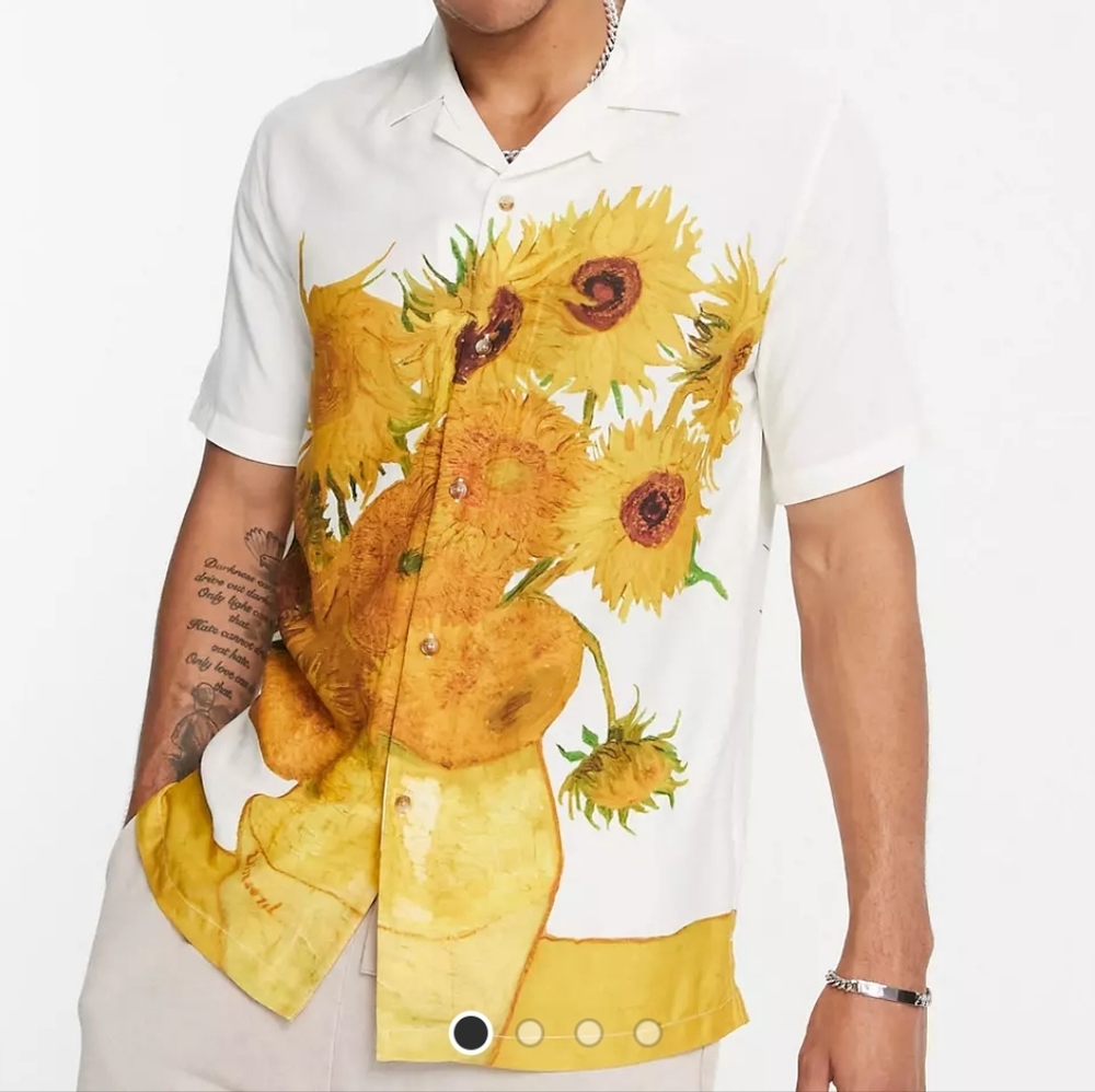 Vincent Van Gogh Sunflower Print Button Up Short Sleeve Shirt